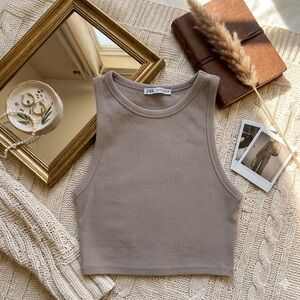 Zara Women's US S Tan High Neck Crop Top Tee